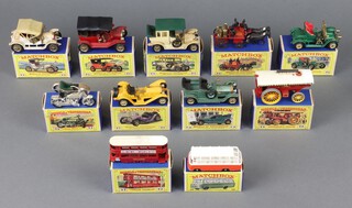 Matchbox Toys, a collection of boxed models of Yesteryear to include Y9 Showman's engine, Y4 Opel Coupe, Y8 Sunbeam Motor Cycle, Y7 1913 Mercer Race About, Y15 Rolls Royce Silver Ghost, Y1 1911 Model T Ford, Y3 1910 Benz Limousine, Y4 Horse Drawn Fire Engine, Y2 1911 Renault, Y3 London Tram Car together with a Matchbox Mercedes Coach no.68 