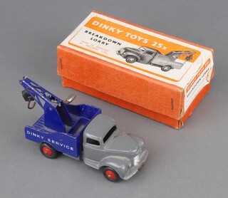 Dinky Toys, a breakdown lorry 25X (dark grey cab and blue back, red hubs, white logo) boxed  