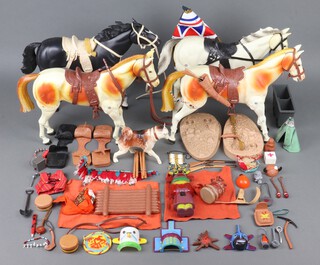 Marx Gabriel Toys, a collection of Lone Ranger animals and accessories to included  2 Tonto horses,  Lone Ranger horse, Butch Cavendish Horse and a large quantity of loose play set items and pieces of costume 