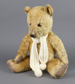 A mid-Century mohair teddy bear with glass eyes, stitched snout and pads, with growler box (not working) 55cm 