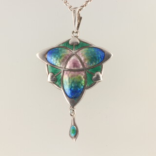 An Edwardian  Smith and Ewan silver pendant of a flower enamelled in green and blue together with silver chain Birmingham 1909