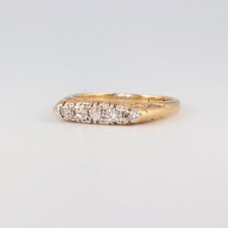 A Victorian yellow gold testing as 18ct 5 stone diamond ring, each approx. 0.05ct, (0.25ct), 4 grams, size N