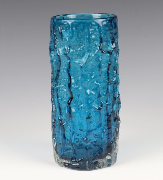 Geoffrey Baxter (British 1922-1995), a Whitefriars kingfisher blue glass "Bark" cylindrical vase, pattern no: 9691, 22cm 