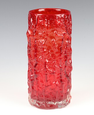 Geoffrey Baxter (British 1922-1995), a Whitefriars ruby red glass "Bark" cylindrical vase, pattern no: 9691, 22cm 