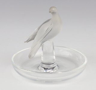 A Lalique frosted glass pin tray in the form of a dove, lower cased etched marks Lalique France 10cm 