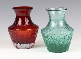 A Whitefriars ruby red glass "Pot Bellied" vase with waisted neck 13cm and a green glass ditto, pattern no: 9832, 13cm 