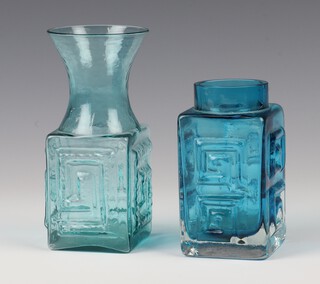 A Whitefriars kingfisher blue glass "Greek Key" square vase, pattern no: 9815, 10cm and a similar Whitefriars pale green glass vase with waisted neck 13cm 