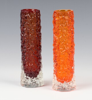 Geoffrey Baxter (British 1922-1995), a pair of Whitefriars glass "Bark" cylindrical vases in tangerine orange and ruby red, pattern no: 9729, 13cm 