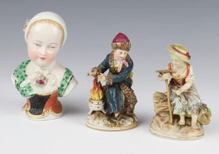 A 19th Century Continental porcelain bust of a young lady 14cm, 2 ditto figures of a seated young man and young girl 11cm (both a/f)