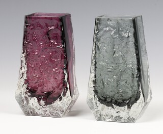 A Whitefriars aubergine purple glass "Coffin" vase 13cm, a grey ditto, pattern no: 9686, 13cm 