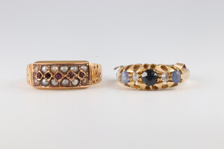 An Edwardian 15ct yellow gold seed pearl and garnet ring, a ditto sapphire and diamond ring, 4.7 grams, size K and M 