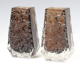 A pair of Whitefriars cinnamon brown glass  "Coffin" vases, pattern no: 9686, 13cm 