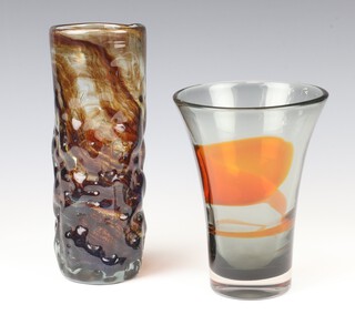 A Whitefriars clear and orange glass "Ribbon Trail" vase with abstract decoration 16cm, pattern no: 9709 and a Whitefriars streaky brown glass nobbly vase 21cm 