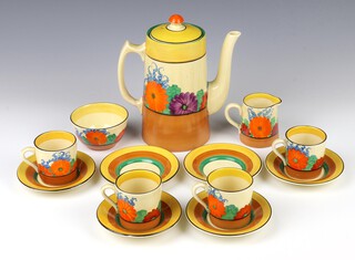 Clarice Cliff, a Bizarre Gay Day pattern coffee set comprising coffee pot, milk jug, sugar bowl, 4 coffee cups 6 saucers 