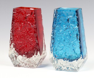 A Whitefriars kingfisher blue glass "Coffin" vase 13cm, a ruby red ditto, pattern no: 9686, 13cm 