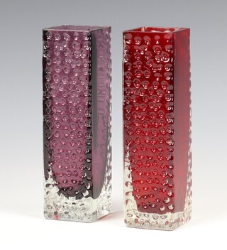 A Whitefriars aubergine purple glass "Nailhead" square vase 20cm, a ruby red ditto pattern no: 9683, 20cm 