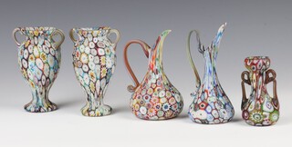 A pair of millefiori glass vases 12cm, 2 ewers 13cm and a 2 handled vase 9cm 