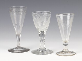 A 19th Century engraved tapered cordial glass 12cm, a ditto and 1 other 