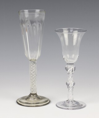 A 19th Century trumpet shaped cordial glass with white air twist stem 17cm, a wine with clear glass stem 21cm 