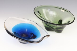 A Whitefriars free form shallow glass bowl with blue centre 32cm, pattern no: 9414, a circular green ditto 23cm 