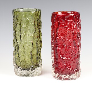 A Whitefriars sage green glass "Bark" cylindrical vase 18cm, a ruby red ditto, pattern no: 9690, 18cm 