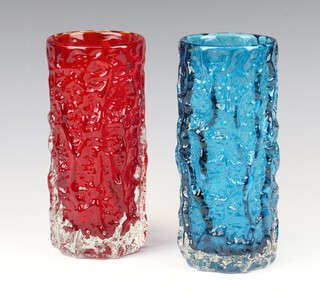 A Whitefriars cylindrical kingfisher blue glass "Bark" vase 18cm, a ditto in ruby red,  pattern no: 9690, 18cm 