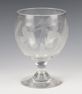 A 19th Century giant glass drinking glass with etched leaf, berry and wheat decoration 21cm 