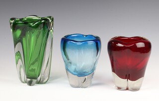 A Whitefriars red glass free form vase 13cm, a blue ditto 13cm and a green ditto 20cm 