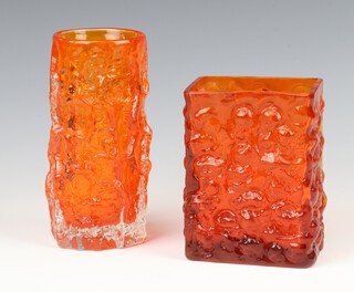 A Whitefriars tangerine orange glass "Bark" cylindrical vase,  pattern no: 9689, 15cm, together with a rectangular tangerine orange nobbly finish vase 12cm 