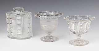 A 19th Century cut glass oval box and cover and 2 pedestal bowls 