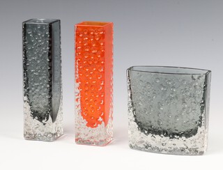 A Whitefriars tangerine orange glass "Nailhead" square vase 20cm, a grey ditto pattern no: 9683, 20cm and a grey rectangular "Nailhead" vase 11cm,  pattern no: 9685