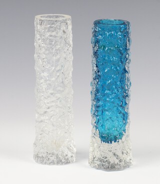 Geoffrey Baxter (British 1922-1995), a Whitefriars clear glass "Bark" cylindrical vase 15cm, a kingfisher blue ditto 15cm,  pattern no: 9729