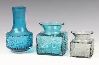 A Whitefriars kingfisher blue "Mallet" vase, pattern no: 9818, 20cm together with a Whitefriars grey glass textured square vase 10cm, a kingfisher blue ditto 13cm 