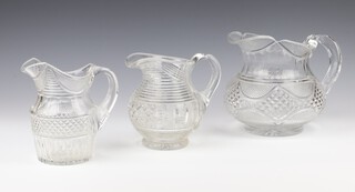 A 19th Century cut glass jug with hobnail decoration 21cm, a ditto 15cm and another 13cm 