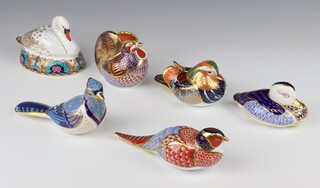 Six Royal Crown Derby Imari pattern  paperweights - bird  17cm, pheasant 17cm, 2 ducks 12cm, cockerel  11cm and a swan 14cm, all with silver stoppers 