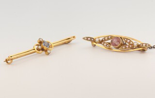 Two Edwardian gold bar brooches testing as 15ct, 1 set with a sapphire and seed pearls, the other with seed pearls, 45mm and 50mm, 5 grams