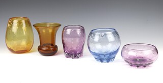 A Whitefriars aubergine purple shallow bowl with controlled bubbles 8cm, a ditto vase 15cm, a sapphire blue vase 13cm, an amber flared vase 15cm, a bulbous ditto 18cm 