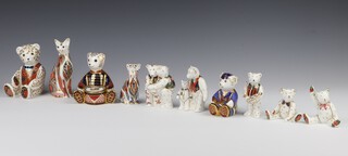 Ten Royal Crown Derby Imari pattern paperweights - seated bear 7cm (no stopper), seated bear waving 8cm (no stopper), a school boy teddy gold stopper 8cm, a teddy artist (no stopper) 10cm, a daddy bear and baby bear (no stopper) 9cm, 2 hugging bears (no stopper) 9cm, a kitten gold stopper 9cm, a cat gold stopper 14cm, a seated bear gold stopper 12cm and a bear playing a drum gold stopper 11cm 