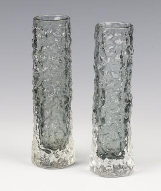 Geoffrey Baxter (British 1922-1995), 2 Whitefriars grey glass bark finish cylindrical vases 14cm 