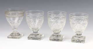 Three 19th Century cut glass rummers on square bases 11cm (all chipped), a ditto 13cm (chipped)