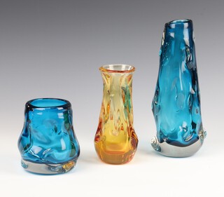 A Whitefriars tapered kingfisher blue glass knobbly vase 24cm, pattern no: 9612, a tangerine orange knobbly vase 17cm and a kingfisher blue small knobbly vase 11cm, pattern no: 9608