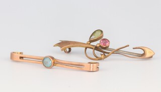 Two yellow gold testing as 9ct bar brooches, set topaz and peridot, 40mm, 3.4 grams 