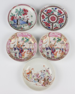 Five 18th Century Chinese famille rose saucers decorated with birds, flowers and figures 