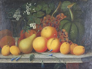 A 19th Century oil on canvas, unsigned, still life study of fruits and a vase of flowers on a marble shelf 30cm x 40cm 