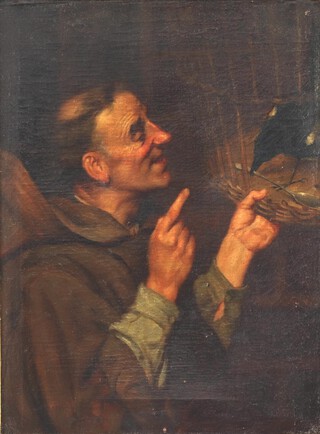 A 19th Century oil on canvas unsigned, study of a monk with a magpie holding a spoon in a cage 38cm x 28cm  