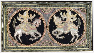 A 20th Century Indian bead work and silk embroidery of 2 figures on horse back, framed 38cm x 85cm 