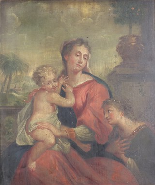 19th Century Italian School, oil on board The Madonna and child with attendant, unsigned, 43cm x 37cm