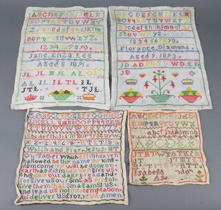 Four Victorian stitch work samplers, all unframed with alphabet, numbers, etc by Florance Diamond, aged 9 1893 39cm x 28cm, 1 other by Jane Eliza Lee Aged 8 1891 with letters, numbers and bowl of fruit, 1 other with alphabet and Lords Prayer 25cm x 27cm and 1 other with alphabet by Isabella Idida 21cm x 19cm 