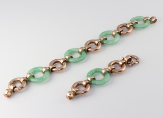 A yellow gold testing as 9ct and green hardstone bracelet (a/f)