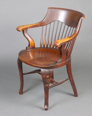 A Victorian mahogany stick and rail tub back chair, raised on cabriole supports with H framed stretcher 83cm h x 66cm w x 43cm d (seat 30cm x 35cm) 